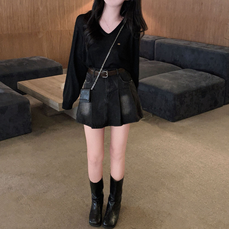 살탐방지로 딱린넨 루즈핏 브이넥 팬던트 썸머 니트 블랙