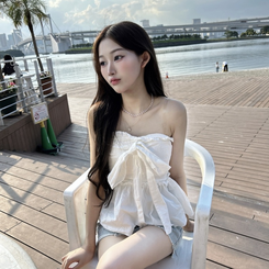 ブラウス ノースリーブリボンブラウス WHITE