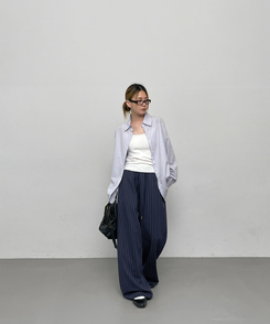 コットンパンツ ストライプバンディングパンツ NAVY
