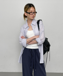コットンパンツ ストライプバンディングパンツ NAVY