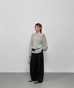 コットンパンツ ストライプバンディングパンツ BLACK