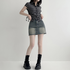 【丈別】ウォッシングショートデニムミニスカート DEEP DENIM