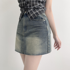 【丈別】ウォッシングショートデニムミニスカート DEEP DENIM