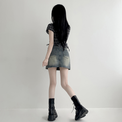 【丈別】ウォッシングショートデニムミニスカート DEEP DENIM