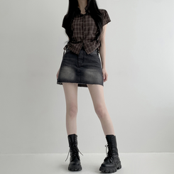 【丈別】ウォッシングショートデニムミニスカート BLACK DENIM
