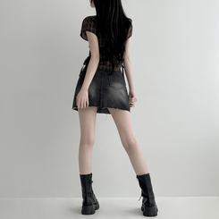 【丈別】ウォッシングショートデニムミニスカート BLACK DENIM