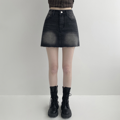 【丈別】ウォッシングショートデニムミニスカート BLACK DENIM