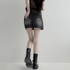 【丈別】ウォッシングショートデニムミニスカート BLACK DENIM