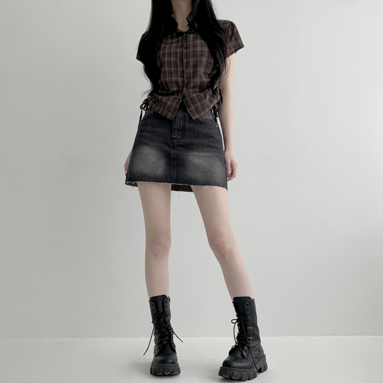 【丈別】ウォッシングショートデニムミニスカート BLACK DENIM