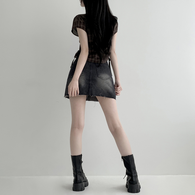 【丈別】ウォッシングショートデニムミニスカート BLACK DENIM