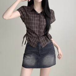 シャツ チェックサイドシャーリング半袖シャツ BROWN