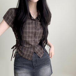 シャツ チェックサイドシャーリング半袖シャツ BROWN