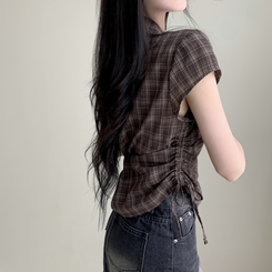 シャツ チェックサイドシャーリング半袖シャツ BROWN