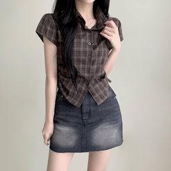 シャツ チェックサイドシャーリング半袖シャツ BROWN