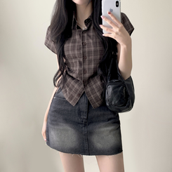 シャツ チェックサイドシャーリング半袖シャツ BROWN