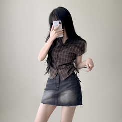 シャツ チェックサイドシャーリング半袖シャツ BROWN