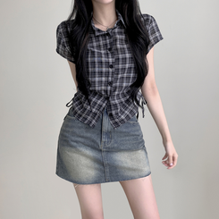 シャツ チェックサイドシャーリング半袖シャツ BLACK