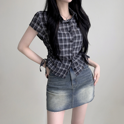シャツ チェックサイドシャーリング半袖シャツ BLACK