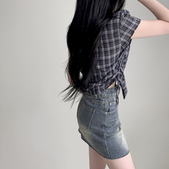 シャツ チェックサイドシャーリング半袖シャツ BLACK