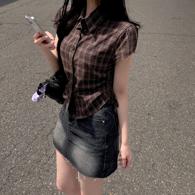 チェックサイドシャーリング半袖シャツ BROWN