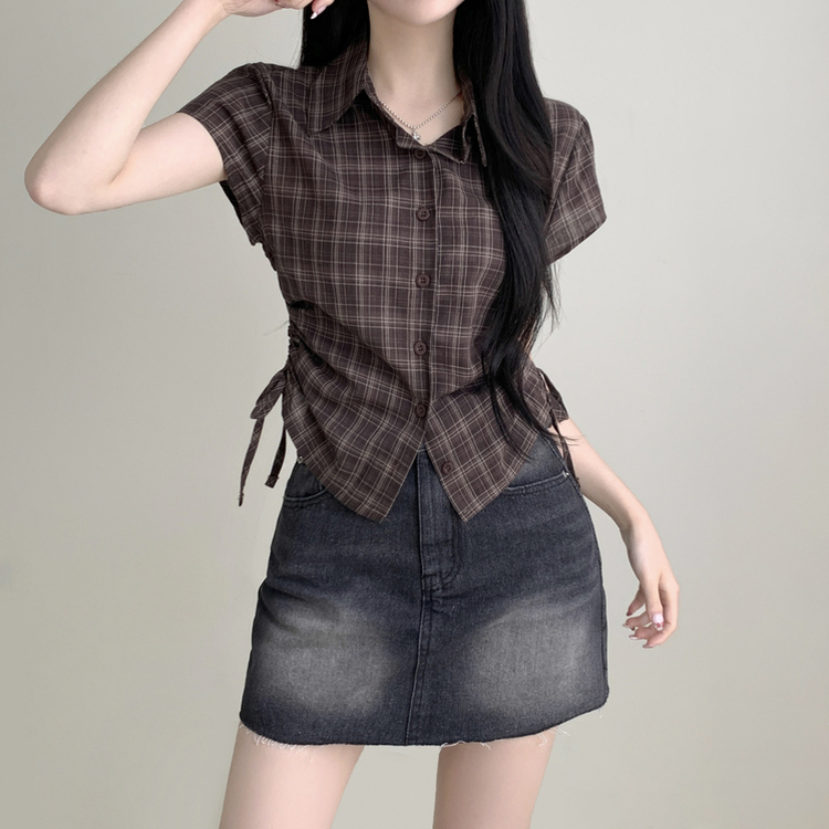 チェックサイドシャーリング半袖シャツ BROWN