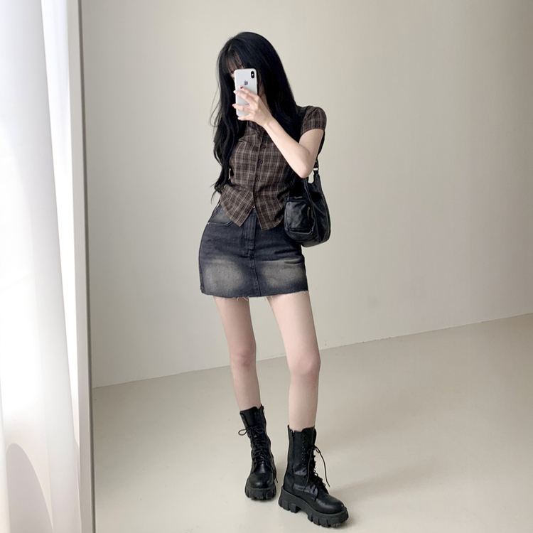 チェックサイドシャーリング半袖シャツ BROWN