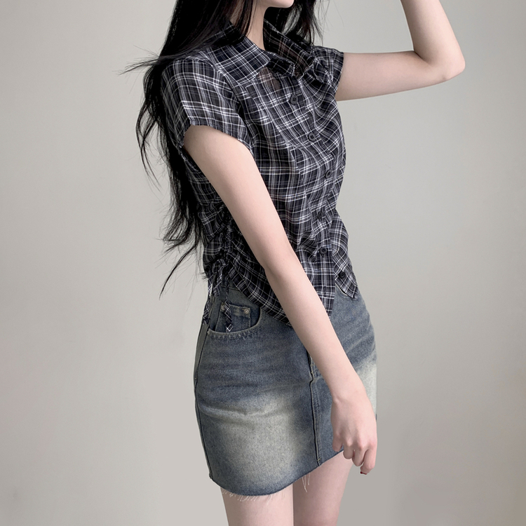 チェックサイドシャーリング半袖シャツ BLACK