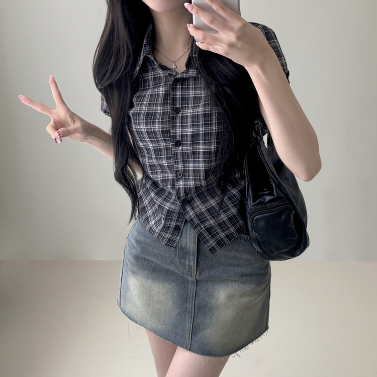 チェックサイドシャーリング半袖シャツ BLACK