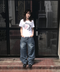 デニム リベットウォッシングデニムワイドパンツ MIDDLE BLUE