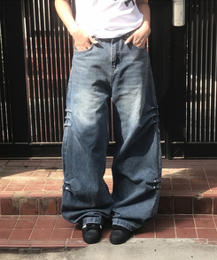デニム リベットウォッシングデニムワイドパンツ MIDDLE BLUE