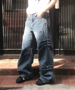 デニム リベットウォッシングデニムワイドパンツ MIDDLE BLUE