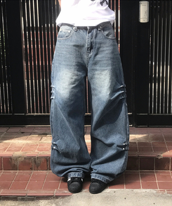 デニム リベットウォッシングデニムワイドパンツ MIDDLE BLUE