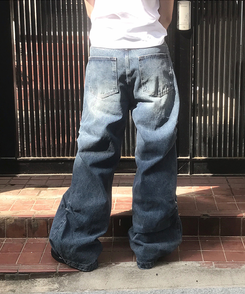 デニム リベットウォッシングデニムワイドパンツ MIDDLE BLUE