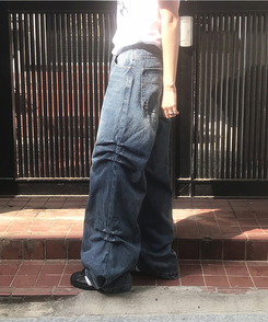 デニム リベットウォッシングデニムワイドパンツ MIDDLE BLUE