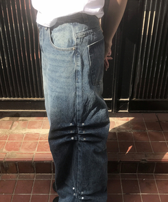 デニム リベットウォッシングデニムワイドパンツ MIDDLE BLUE