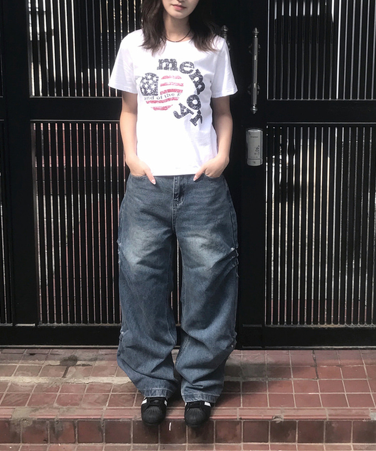 リベットウォッシングデニムワイドパンツ MIDDLE BLUE