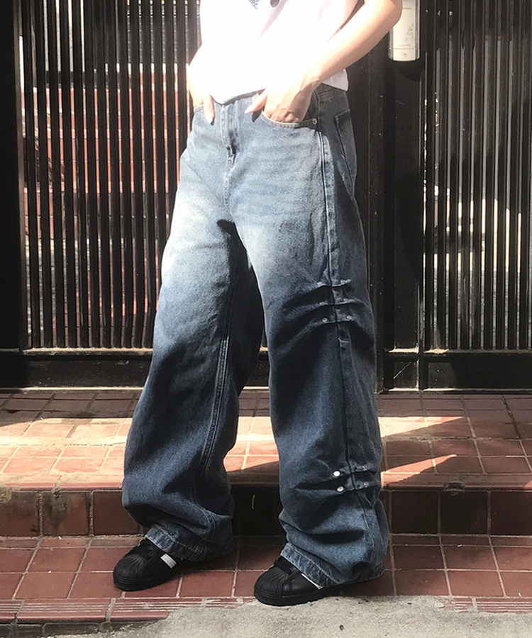 リベットウォッシングデニムワイドパンツ MIDDLE BLUE