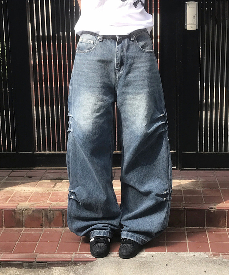 リベットウォッシングデニムワイドパンツ MIDDLE BLUE