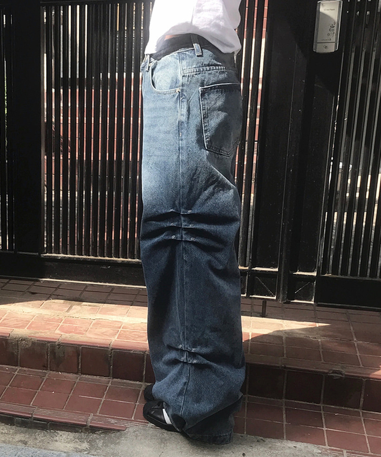 リベットウォッシングデニムワイドパンツ MIDDLE BLUE