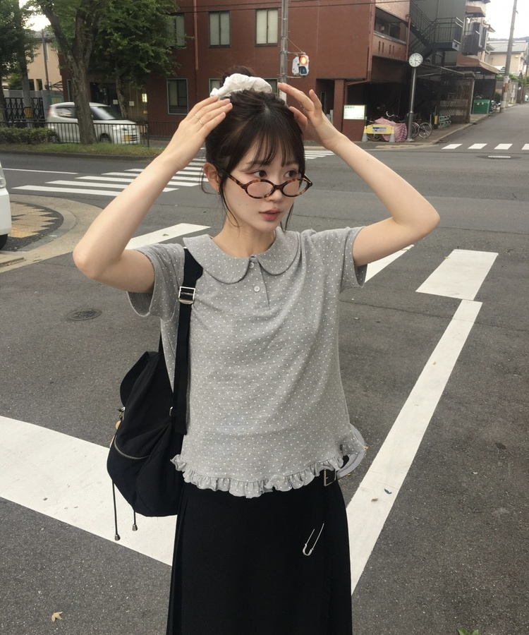 도트프릴반팔티셔츠 도트회색