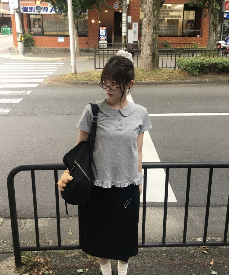 ドットフリル半袖Tシャツ GREY