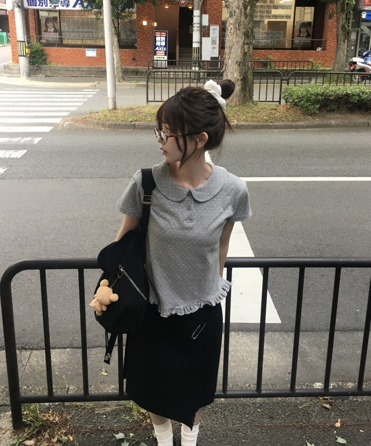 ドットフリル半袖Tシャツ GREY