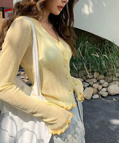 カーディガン シースルーリボンニットカーディガン(5color) YELLOW