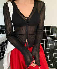 カーディガン シースルーリボンニットカーディガン(5color) BLACK