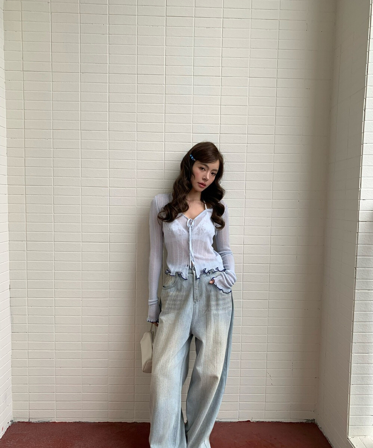 シースルーリボンニットカーディガン(5color) SKY BLUE