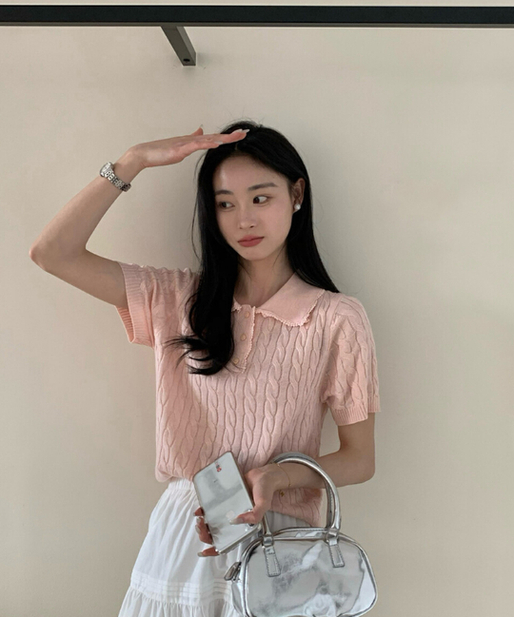 ねじりニット半袖Tシャツ(5color) PINK