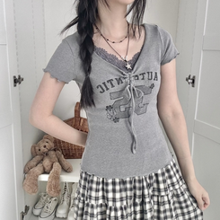 フラワーリボンシャーリング半袖Tシャツ GREY