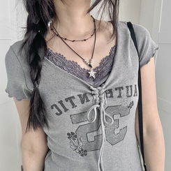 フラワーリボンシャーリング半袖Tシャツ GREY