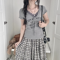 フラワーリボンシャーリング半袖Tシャツ GREY