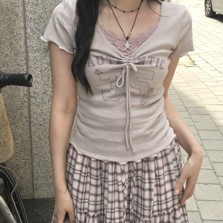 フラワーリボンシャーリング半袖Tシャツ BEIGE